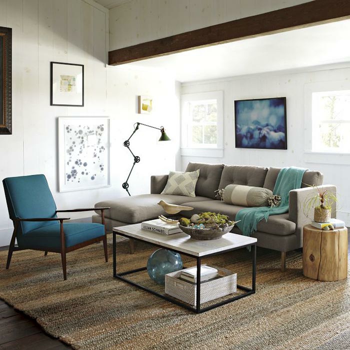 lille stue indret retro hjem møbler sisal tæppe naturligt træ