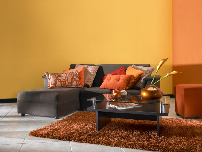 lille stue oprettet vægmaling orange høj bunke gulvtæppet brun
