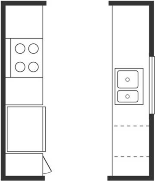 компактен малък тесен кухненски чертеж идея дизайн Важни кухни етажни планове