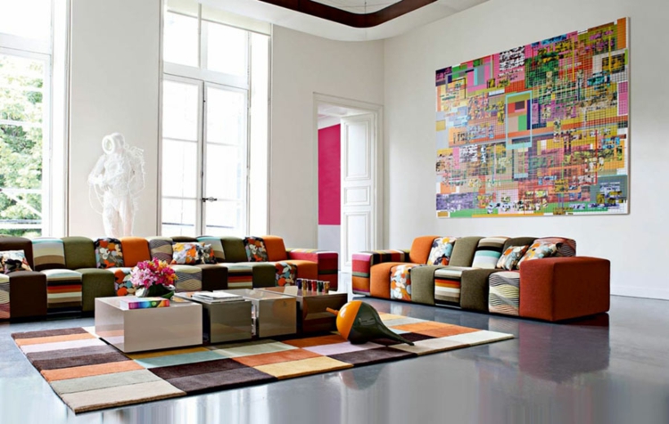 δημιουργικές ιδέες σαλόνι σχεδιασμό τοίχο πολύχρωμα έπιπλα καθιστικό