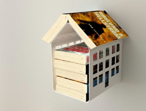 δημιουργική ιδέα αποθήκευσης βιβλίων birdhouse μεταλλικό τείχος