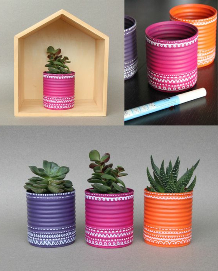 ideas de arte creativo viejas latas reutilizar coloreadas hacer recipiente de la planta
