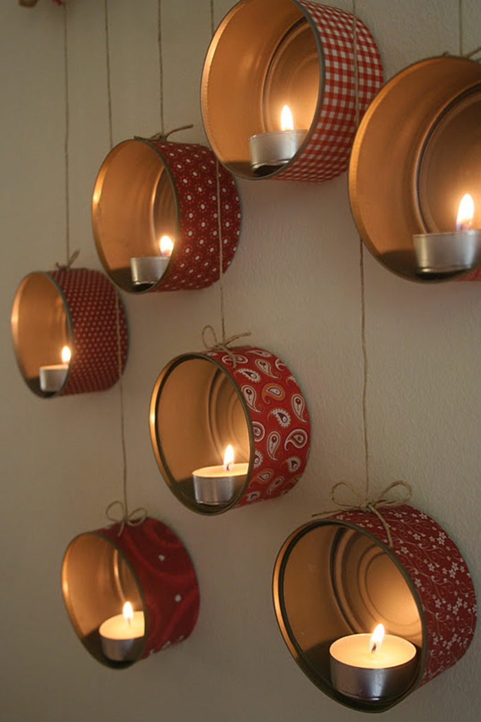 kreativní řemesla nápady svíčky stěna staré plechovky