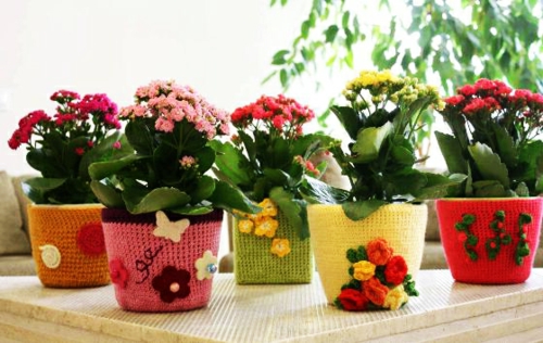 originalios gėlių puodeliai megzti spalvingi