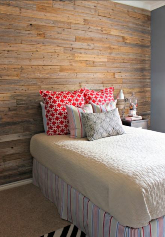 творческа стена дизайн дървена ламперия вътрешна декорация идеи легло табла