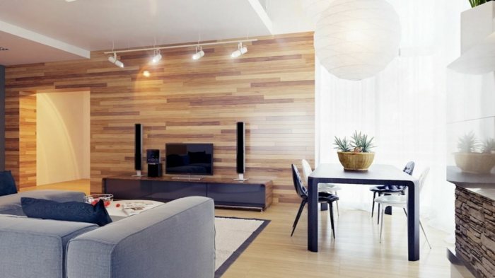 Creatief muurontwerphout die elegante binnenhuisarchitectuurideeën met panelen bekleden