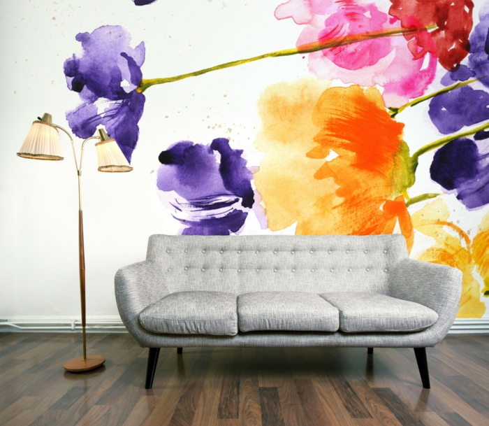 paredes, diseño, pared, diseño, color, aquarel, colores, efecto, flores