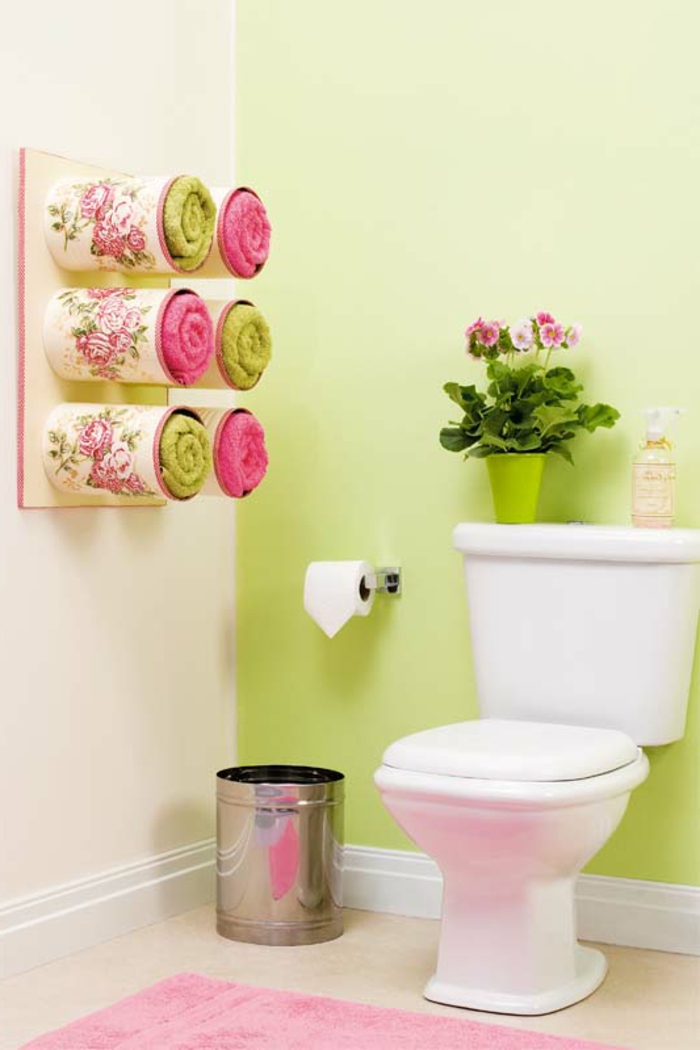 kreativní řemeslné koupelny design zelené stěny nádobí nápady ručníky