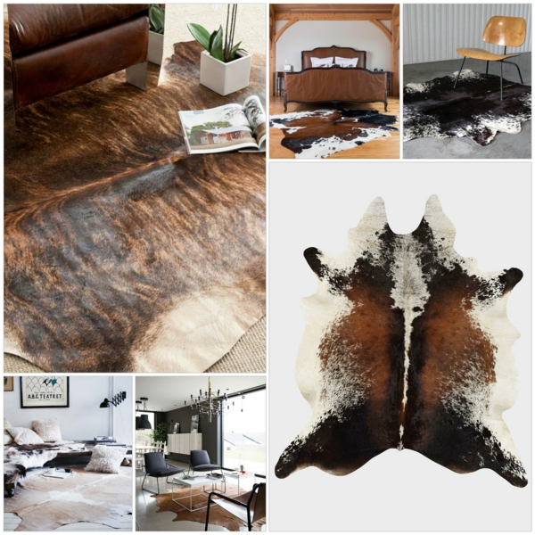 alfombra de cuero de vaca que pone el piso de madera de los muebles de la sala de estar