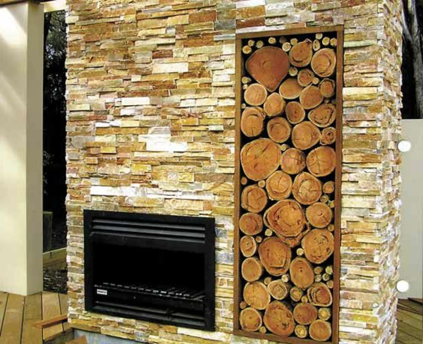 Kunstmatige stenen muur ontwerp open haard brandhout