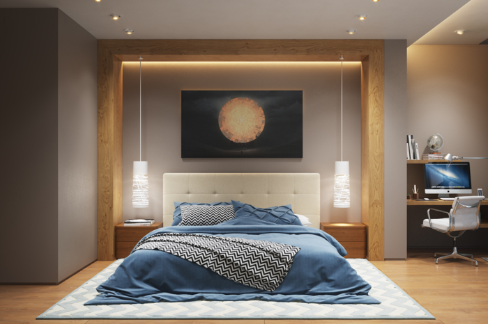лампа спалня висящи лампи килим светло сиви стени
