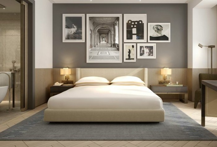 лампа спалня маса лампи сив килим неутрални цветове