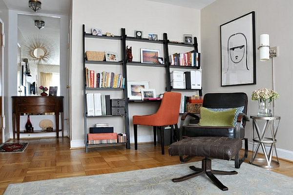 Échelle étagère murale étagères bricolage bureau livres en cuir fauteuil confortable coin de lecture