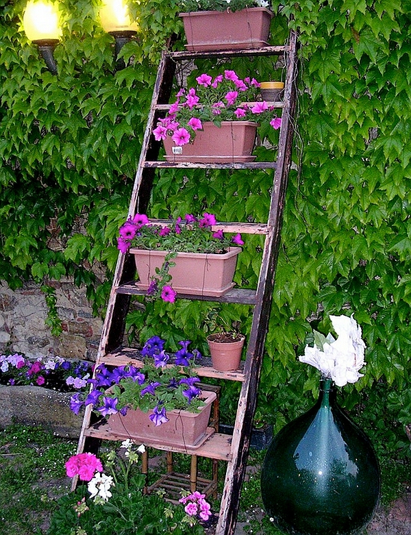 Ladder hylde væg hylder DIY haven løv grønne blomster boks