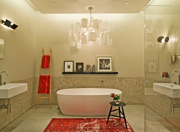 échelle étagère murale étagères bricolage rouge serviettes de bain plancher tapis chaise suspension lampe
