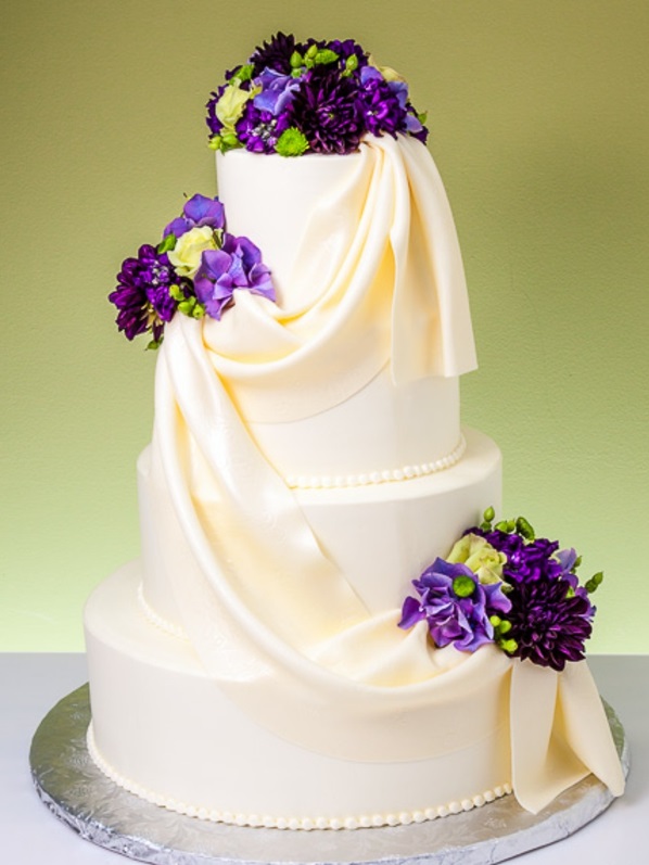 Purple silk effect wedding cake ideas accents