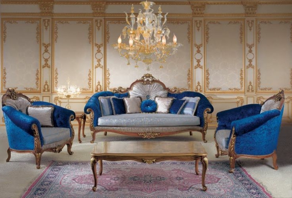 луксозен италиански стил мебели сини кадифе жилищни пейзаж пейки