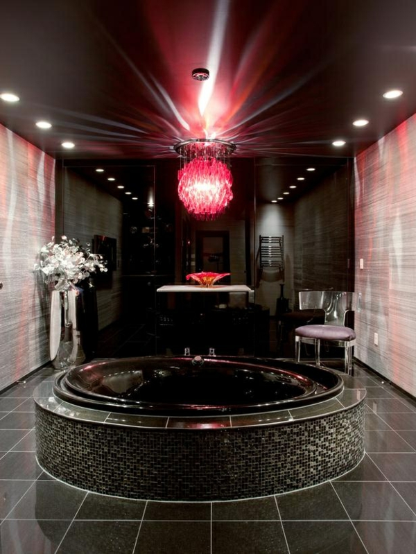 Luxury bathroom in black round tub chandelier