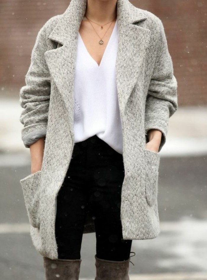 manteau gris Mesdames mode tendances dames manteau court avec des poches