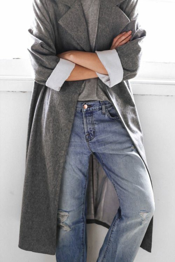 kabát šedé dámy módní trendy podzimní móda ležérní outfit