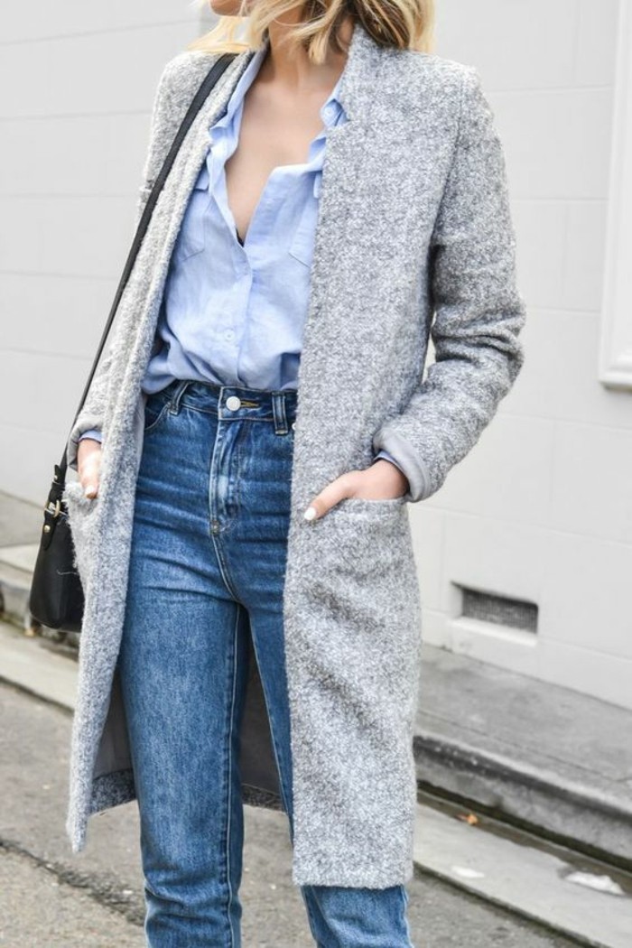 kabát šedé dámské módní trendy podzimní módní kabát s džínami
