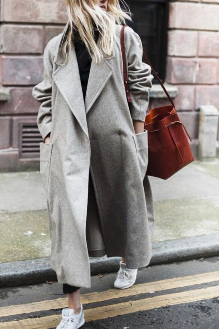 kabát šedé dámy módní trendy podzimní móda nadměrné kabát