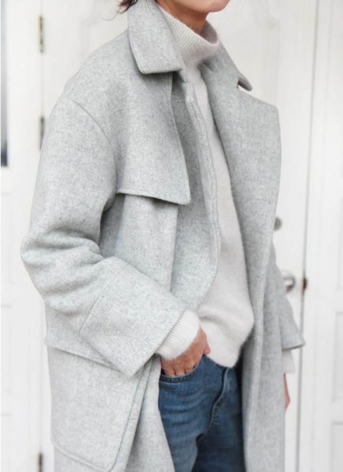 kabát šedé ženy módní trendy podzimní móda vlněný kabát