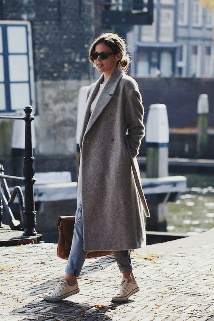 kabát šedá podzimní móda současné trendy nadměrné kabát dlouhé