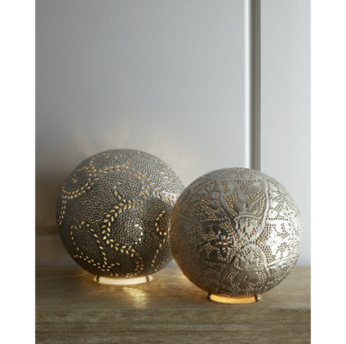 Moroccan pattern round silver table lamps
