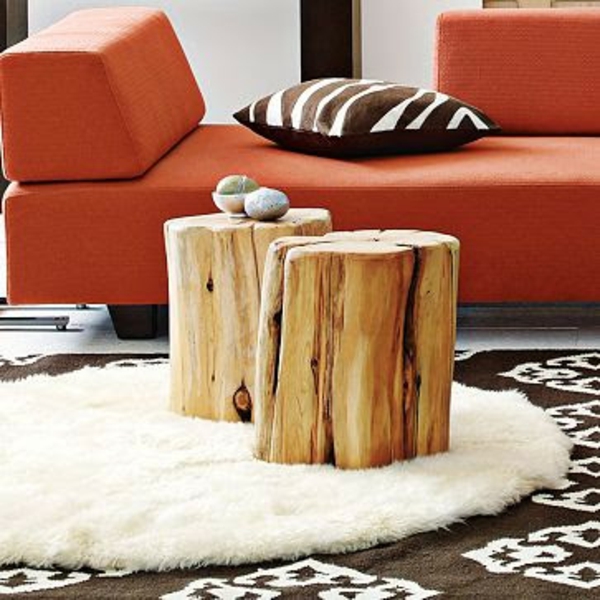 mesas de centro de madera maciza tapicería de sofá naranja Baumstam hinucker