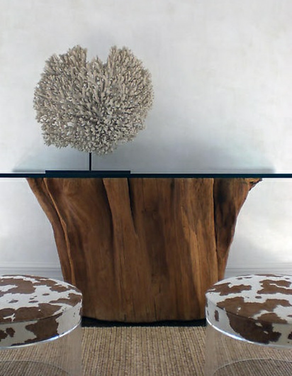 mesas de centro de madera maciza tronco de árbol superior de vidrio