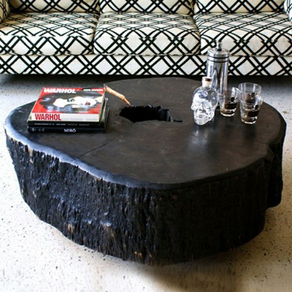 Mesas de centro de madera maciza hechas de tronco de árbol pintado de negro