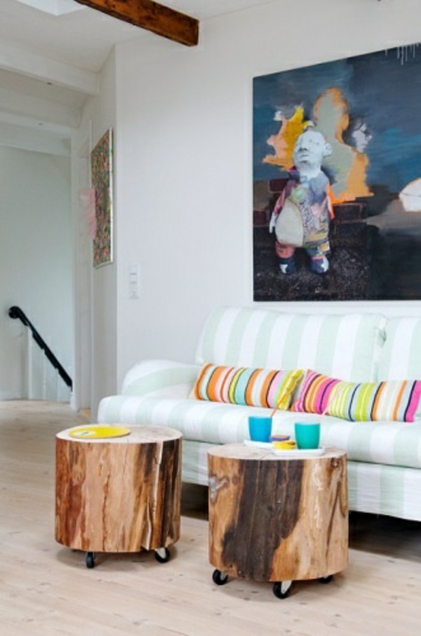 Mesas de centro de madera maciza hechas de cojines de sofá de tronco de árbol