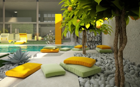 Středomořské zahradnické nápady zahradní bazén nábytek citronový strom