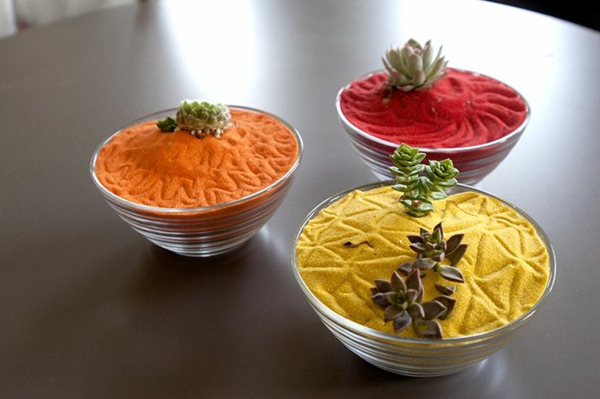 jardin artisanat idées mini zen plat coloré de sable