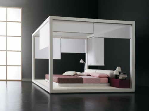 mobilier minimalist dormitor saltea lenjerie de pat roz maro