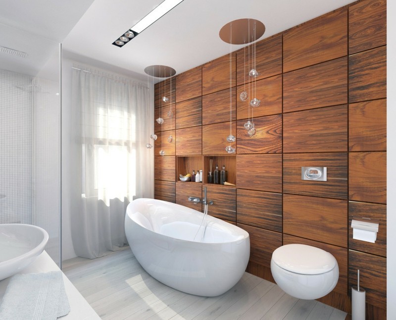 μοντέρνο ξύλινο ντουλάπι μπάνιου ενσωματωμένο σε ελεύθερη μπανιέρα