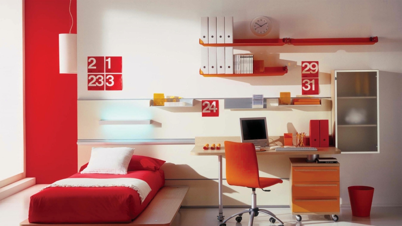 moderne jeugdkamer ideeën jeugdkamer meubels rood oranje