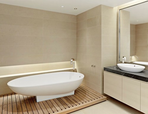 šiuolaikinės vonios grindų idėjos, vonia, medinis pjedestalas