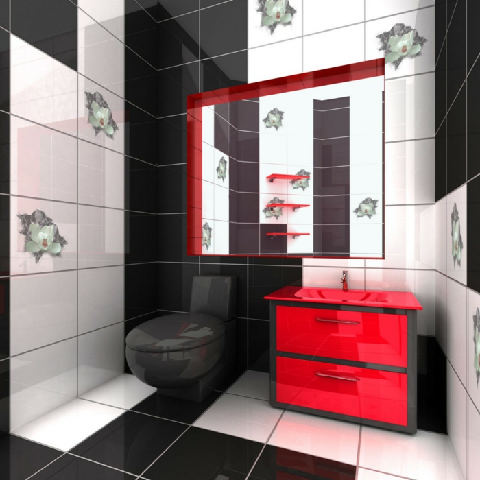 модерни мебели за баня червени умивални луксозни рафтове