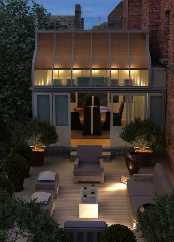 модерна покривна тераса рамка красива осветление кът за сядане
