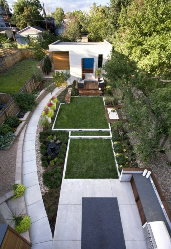 moderní návrhy zahradního designu zakřivené trávníky kamenná podlaha