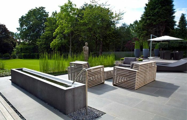 šiuolaikiniai sodo dizaino pavyzdžiai patio vandens funkcija