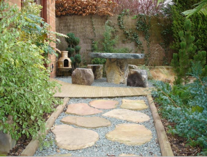 Modernus sodo dizainas su akmens sodu, kuriame yra sodo kraštovaizdis su akmenimis. Grindys