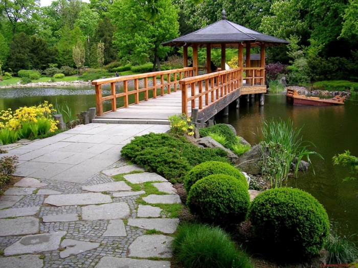 moderní zahradní design s rámem kamenné zahrady zahradní terénní úpravy s kamínkovým mostem