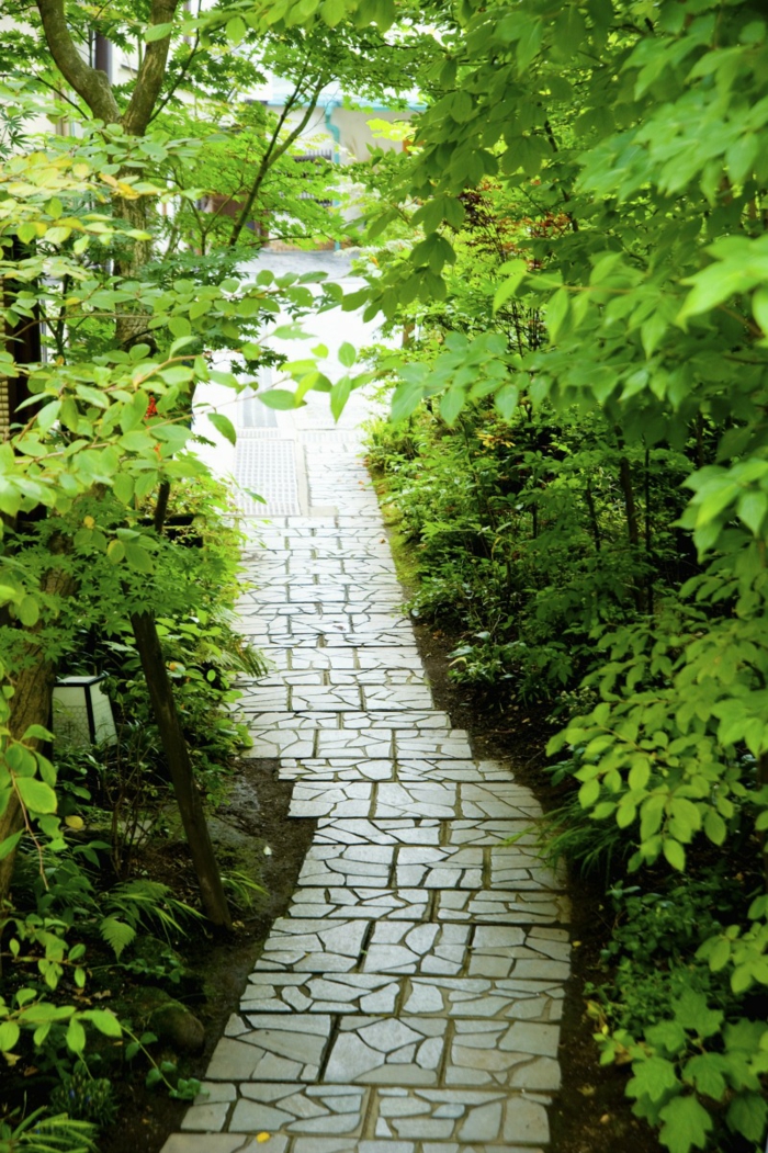 sodo dizainas su akmens sodu, kuriame yra sodo kraštovaizdis su akmenimis, mozaikos sodo takas