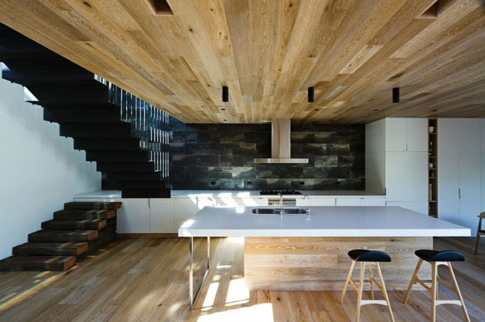 أرضية خشبية داخلية خشبية حديثة خشبية سقف مطبخ جزيرة