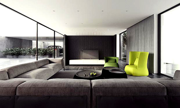 Moderni minimalistinen olohuoneen suunnittelu ideoita asuinalueella