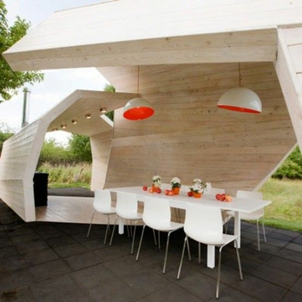 moderní terasa gesatlete design nápady jídelní stůl přívěšek světla