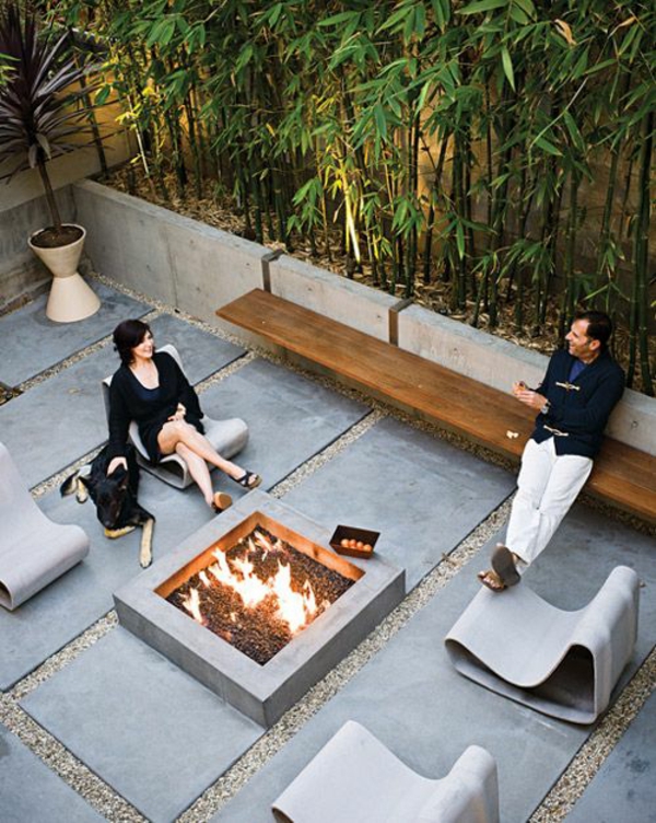 terrasse moderne forme meubles en pierre banc en bois